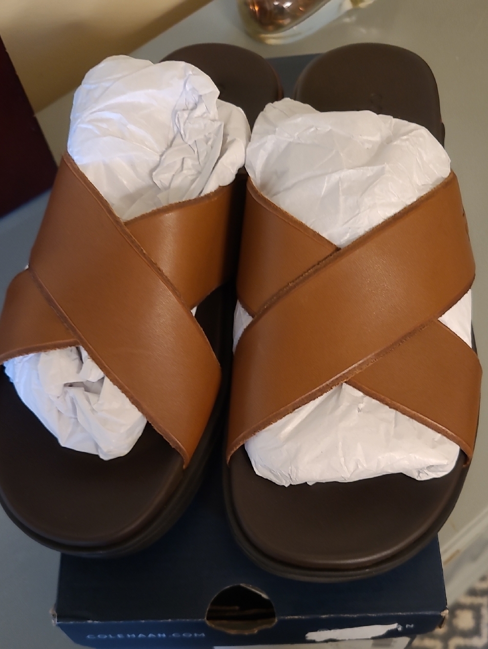 Cole Haan British Tan Crisscross Slide Sandals - Picture 2 of 6